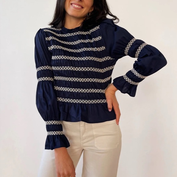 MindTraveler Eloise Navy Shirred Blouse Navy smocked blouse top New S - Picture 4 of 6